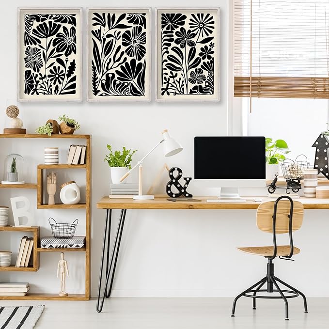 Abstract Floral Botanical Wall Art 16x11 Inch 3 Piece Black Vintage Boho Plant Flower Minimalist Wood Frame Sign Home Living Room Family Office Mid Century Print Wall Hanging Decor (White)