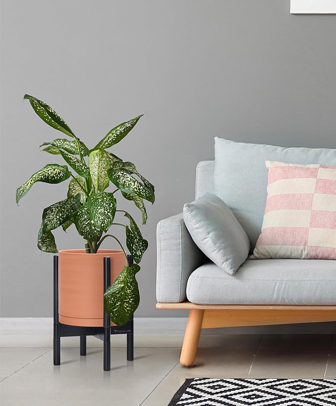 D'vine Dev Terracotta Planter with Ebony Stand - 10 Inch Modern Round Flower Pot with Wood Planter Holder, Terracotta, 55-B-L-5