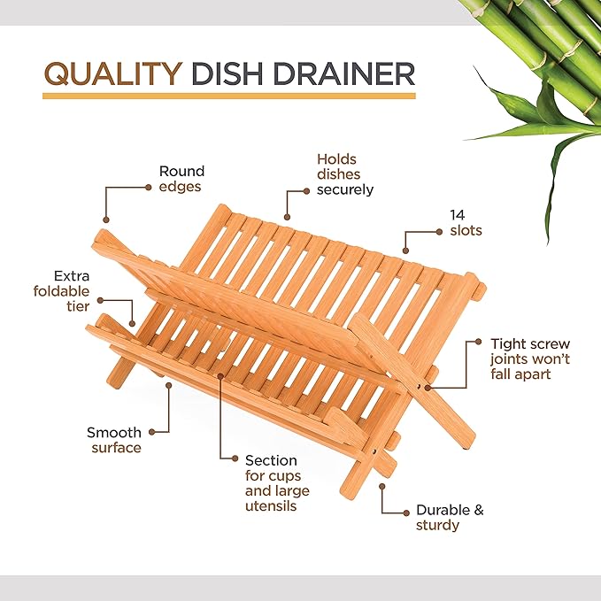 BAMBUSI Dish Drying Rack - Collapsible 2-Tier Bamboo Dish Rack for Kitchen Counter, Wooden Dish Drainer with Foldable Space-Saving Design - Drying Rack for Dishes, Plates, and Cups - Housewarming Gift