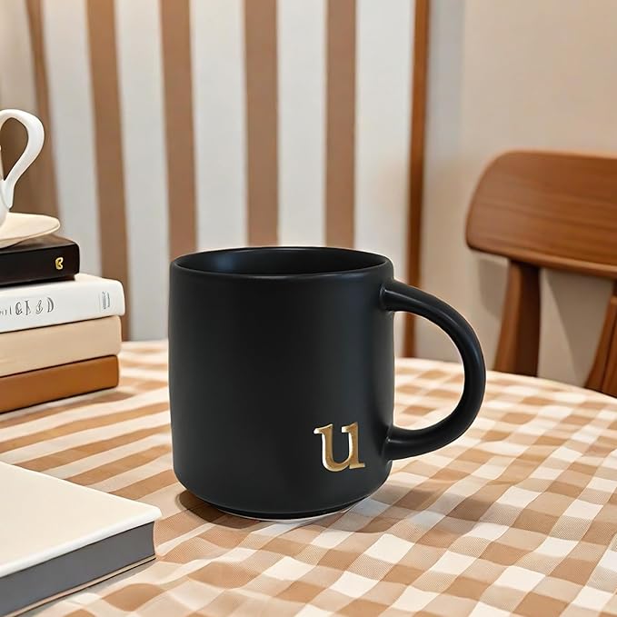 COLLECTIVE HOME - Black Monogram Ceramic Mugs, 15 oz Golden Initial Coffee Cups, Elegant Alphabet Tea Mugs, Personalized Halloween Mug with Gift Box, Perfect for Office and Home Décor (u)