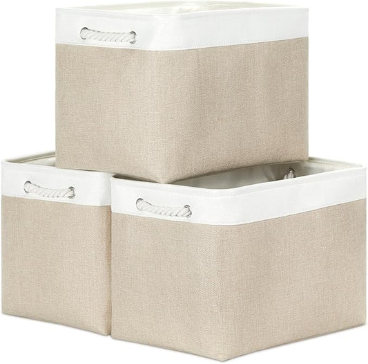 Bidtakay Large Storage Baskets for Organizing Fabric Closet Organizers Storage Bins with Handles 3-Pack 16x11.8x11.8 Inch Collapsible Baskets for Shelves Clothes Home Organization L-White&Beige