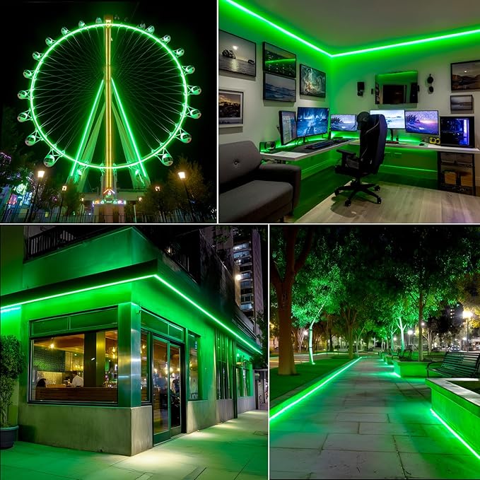 GZBtech Flexible LED Neon Rope Lights 33FT,AC 110-120V Waterproof Strip Light, 120 LEDs/M Cuttable Connectable Neon Lighting for Indoor Outdoor Home Decor/Commercial Building Use-Green 10M