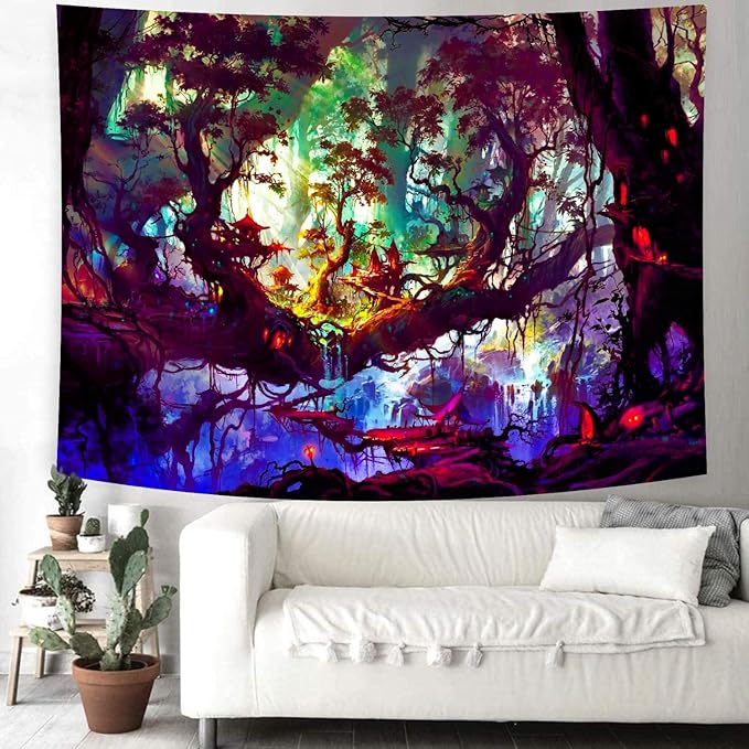 Delur Fantasy Forest Tapestry Mystical Landscape Magical Enchanted Forest Tree Nature Tapestry Psychedelic Wall Hanging Headboard for Bedroom Living Room Home Decor (70.8" x 92.5")