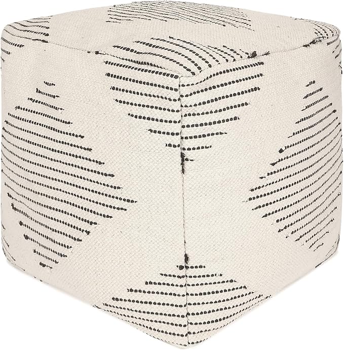 REDEARTH · Tufted Pouf Ottoman with Filler Textured Storage Cube Bean Bag Pouffe Footrest for Living Room, Bedroom, Nursery, Kidsroom; 100% Cotton (17.5"X17.5"X17.5", Loom Story 3 Natural Black)