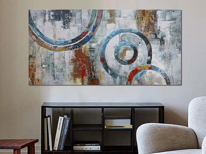 Arjun Abstract Wall Art Geometric Canvas Circle Block Painting Modern Grey Brown Picture Simple Textured Artwork Framed for Bedroom Living Room Home Office Wall Décor, Extra Large 58"x29"