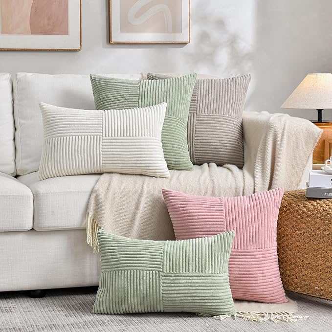 Fancy Homi 2 Packs Blush Pink Decorative Throw Pillow Covers 16x16 Inch for Living Room Couch Bed, Rustic Farmhouse Boho Home Decor, Soft Corss Patchwork Corduroy Textured Square Cushion Case 40x40 cm