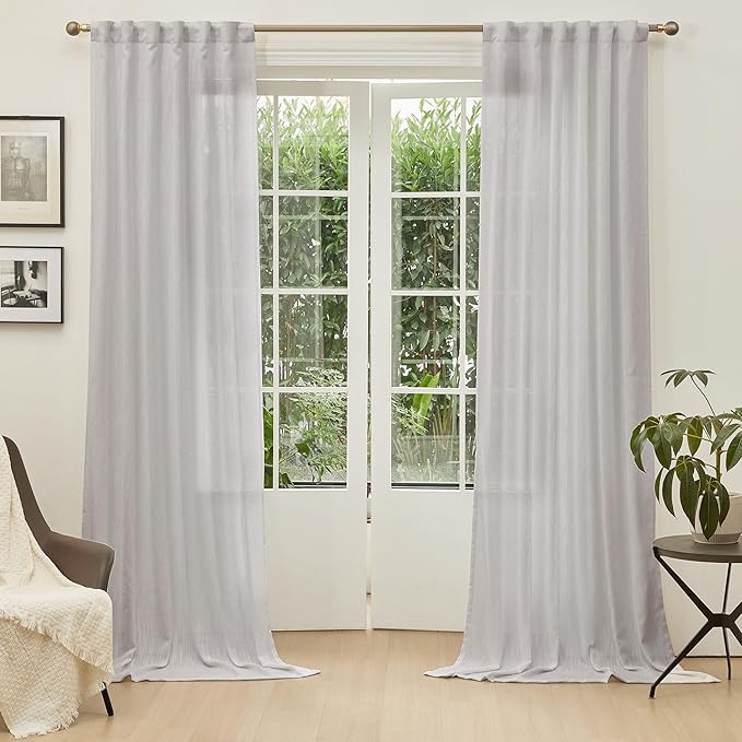 MYSKY HOME Floor Length Curtains Long Panels, Boho Curtains Farmhouse for Living Room Sliding Glass Door, Linen Look Texture Light Filtering, 50" x 95", Light Grey, Pack-2