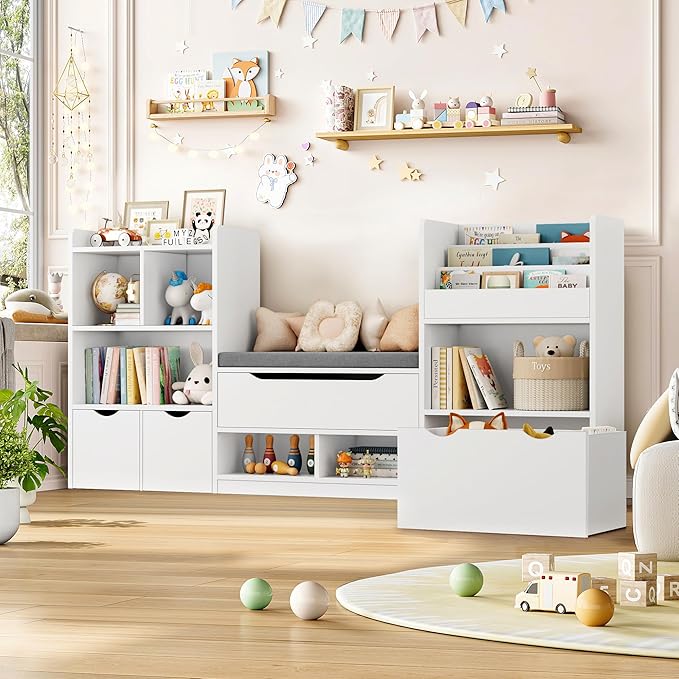 FOTOSOK 72” Kids Bookshelf with Reading Nook, Large Toy Storage Organizer with Seat Cushion and 3 Movable Drawers, Kids Reading Nook Toy Organizers and Storage with Bench for Living Room, White