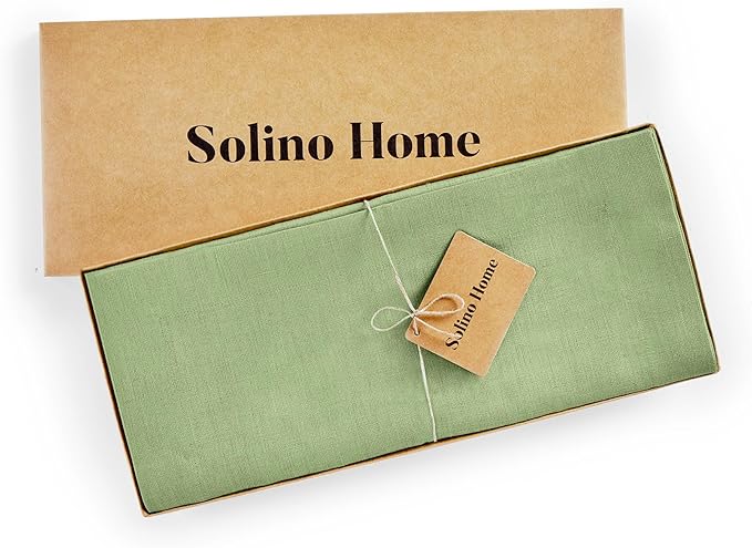 Solino Home Linen Table Runner 120 Inches Long - 100% Pure Linen Laurel Green Dining Table Runner 14 x 120 Inch for Fall, Autumn, Thanksgiving - Fete