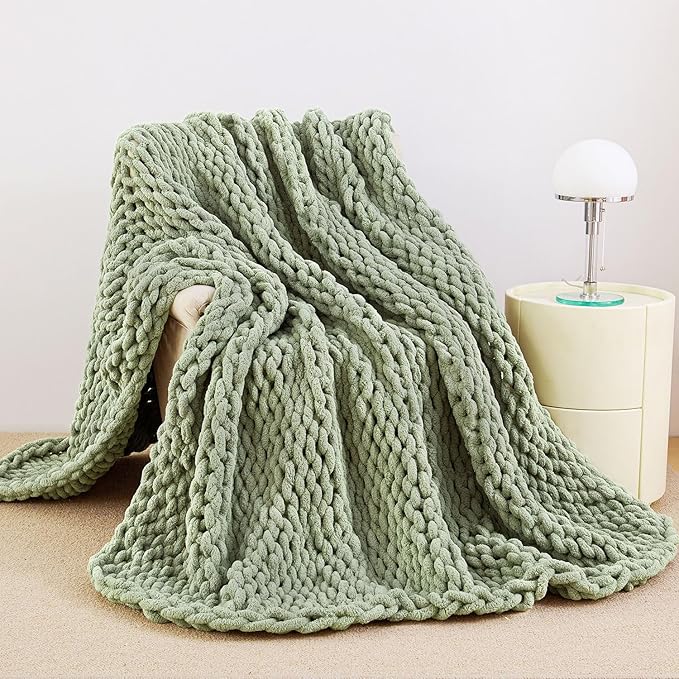 Admitrack Chunky Knit Blanket Throw, 100% Hand Knit Chenille Throw Blanket for Sofa & Home Decor, Soft and Cozy Knitted Throw Blankets (Sage Green，40"x50")