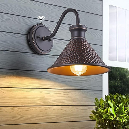 Dusk to Dawn Outdoor Gooseneck Wall Sconce with Dark Sky Cast Hammered Aluminum Shade in Oil Rubbed Bronze Finish,Anti-Rust Waterproof Outdoor Light for Farmhouse Porch Garage,1-Light E26