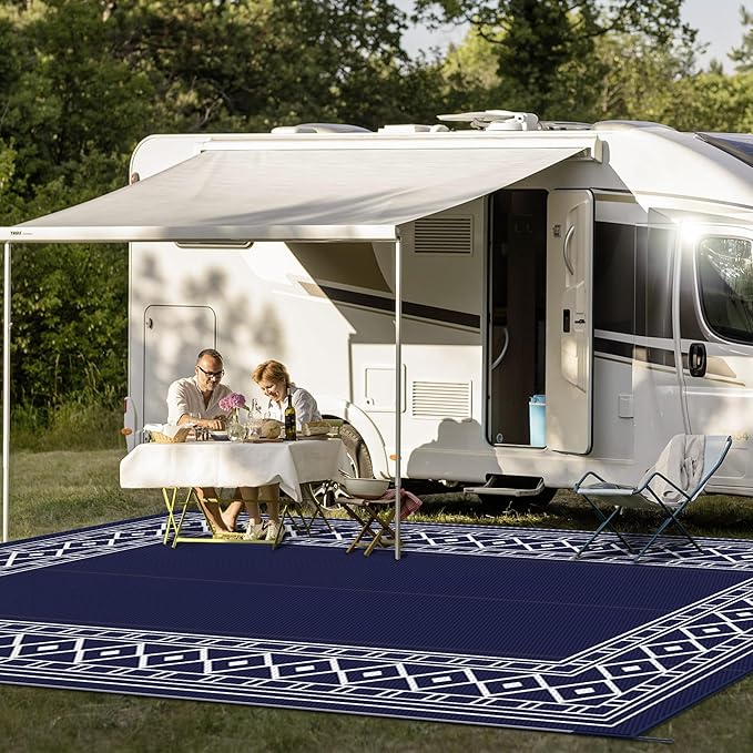 GENIMO Outdoor Rug Waterproof Area 10'x14' for Patio, Foldable Reversible Plastic Straw Carpet for Travel Trailers, Outside Mat for Rv, Deck, Picnic, Porch, Camper, Balcony, Beach, Blue & White