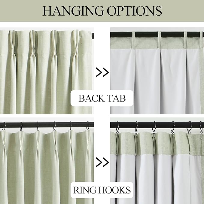 Vision Home Soft Green Pinch Pleated Full Blackout Curtains Linen Blended Room Darkening Curtain Panels 95 inch for Living Room Bedroom Thermal Insulated Pinch Pleat Drapes with Hooks 40" Wx95 Lx2