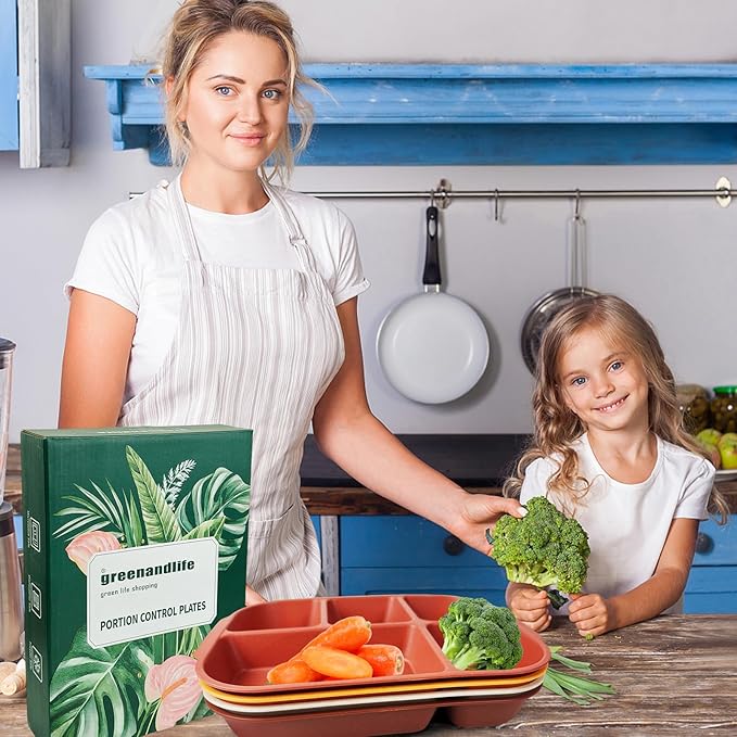 greenandlife 10.8 Inch 4PCS Divided Plates for Kids Adults, Portion Control Plates, Dishwasher & Microwave Safe Compartment Plate, Unbreakable Lightweight Reusable Wheat Straw Plates, Sunset