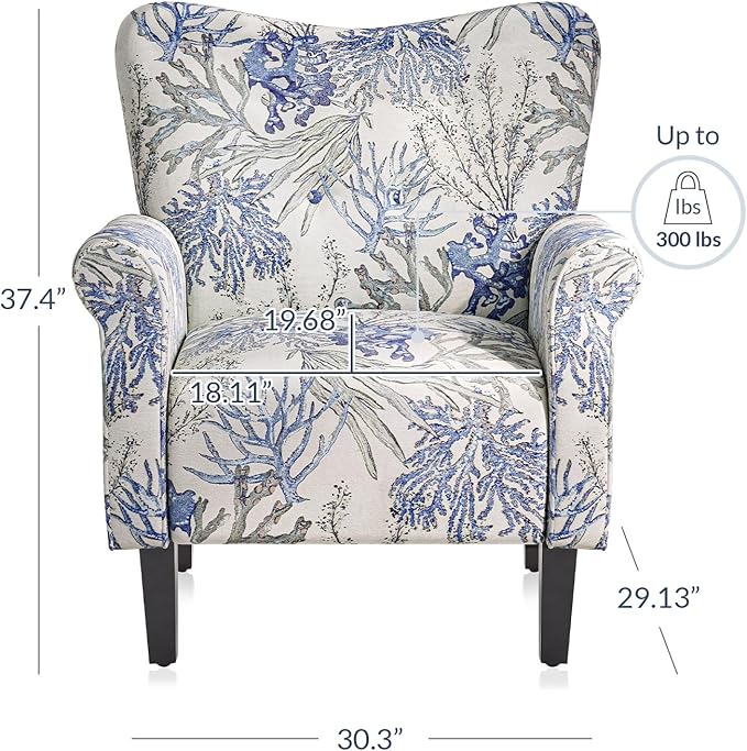 BELLEZE Modern Accent Chair for Living Room, High Back Linen Armchair with Wooden Legs, Upholstered Wingback Side Chair Padded Armrest Single Sofa for Living Room, Bedroom - Allston (Blue Coral)