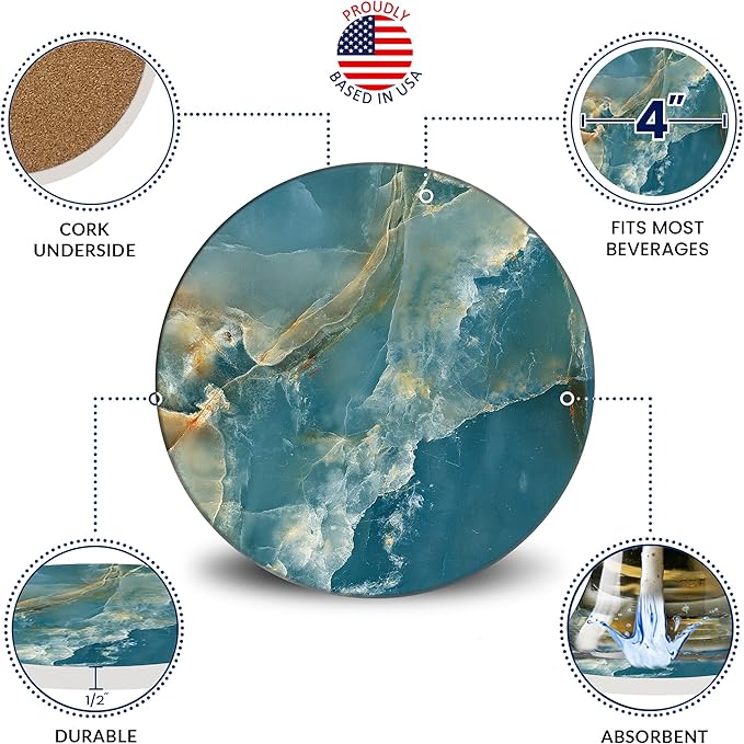 Emerson Coasters for Drinks Absorbent – Natural Stone Drink Coasters Set with Holder, Coasters for Coffee Table, Wooden Tabletop Protection Marble Style – 100% Heavy Duty Set of 6 (Seaside)