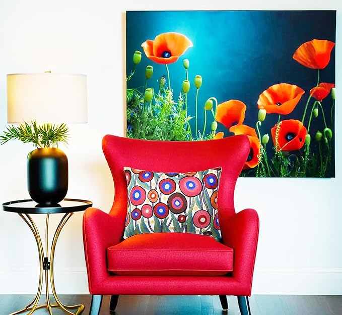 Cream Lumbar Poppy Floral Pillow Cover Red Poppies Flower Pillows White Farmhouse Chair Cushion Floral Cream Hand Embroidered Size 14x20