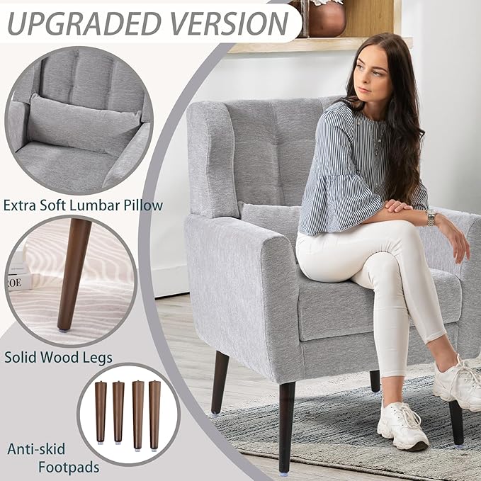 Accent Chair Set of 2, Upholstered Armchair with Pillow, Fabric Single Sofa Chair with Lounge Seat and Wood Legs Accent Chair for Living Room Small Spaces (Grey, Set of 2)