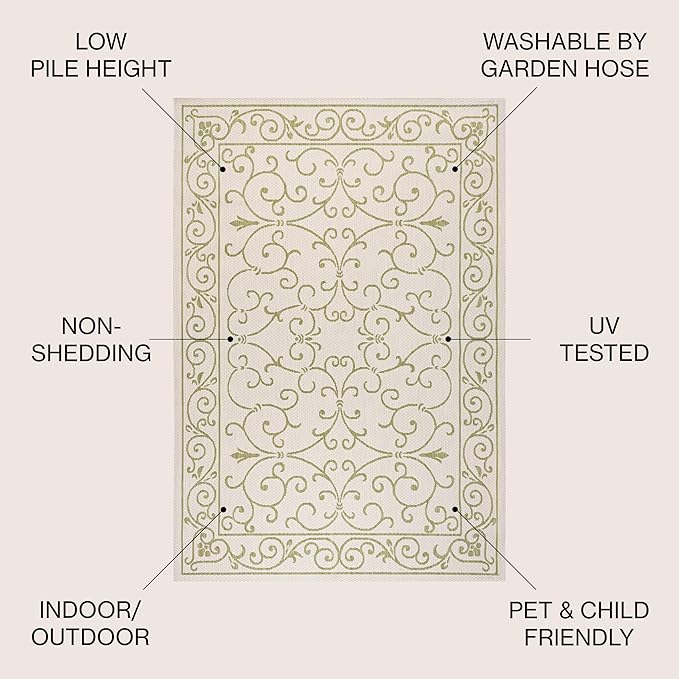 JONATHAN Y Vintage Filigree Indoor Outdoor Area Rug 9X12 Cream/Green, Charleston Textured Weave for Backyard, Patio, Porch, Easy-Cleaning, High Traffic, Pet-Friendly, Non-Shedding (SMB106I-9)