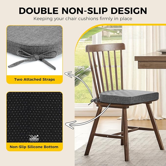 downluxe Indoor Chair Cushions for Dining Chairs, Soft and Comfortable Textured Foam Kitchen Chair Pads with Ties and Non-Slip Backing, 16" x 16" x 2", Dark Grey, 2 Pack