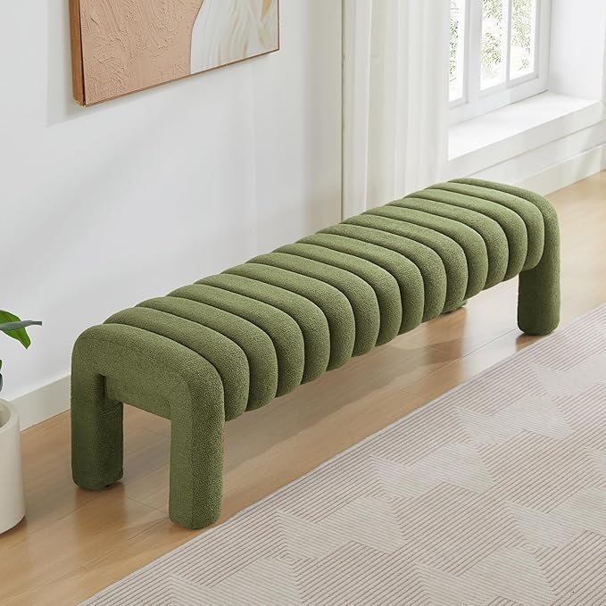 63" Bedroom Bench, Upholstered Entryway Bench, Modern End of Bed Ottoman with Solid Wood Legs and Adjustable Foot Pegs for Entryway, Dining Room and Living Room, 440lbs (Green Boucle)