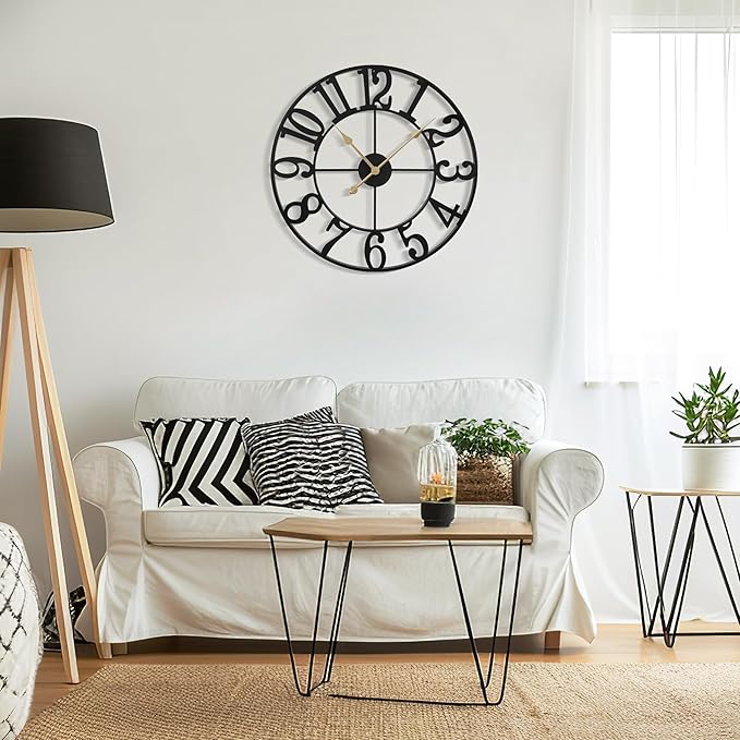 Large Wall Clock for Living Room Decor - 60cm/ 24 Inches Silent Non-Ticking Metal Wall Clocks Battery Operated, Vintage Decorative Modern Wall Clock for Bedroom, Office, Farmhouse Decor