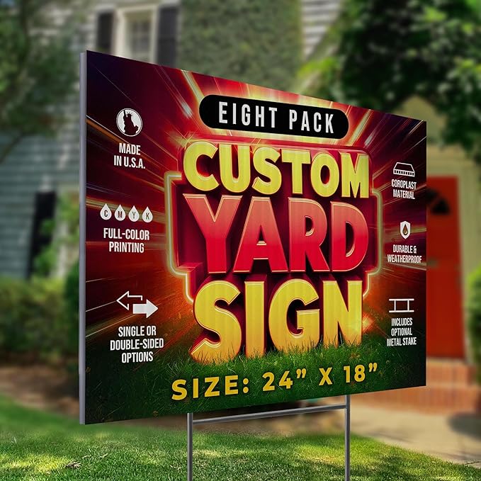 8 Pack 24"x18" Custom Yard Signs with Stakes, Personalized Yard Signs for Outdoors, Customized Full Color Print Corrugated Signs for Business