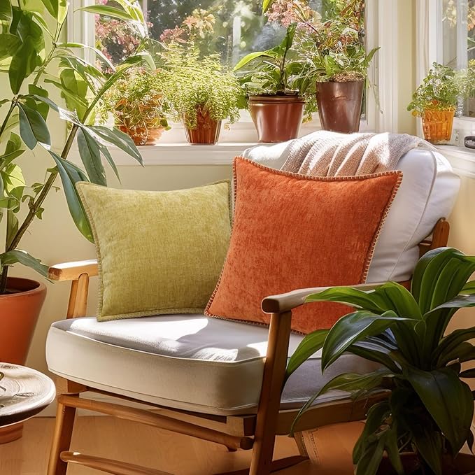 decorUhome Chenille Soft Throw Pillow Covers 20x20 Set of 2, Farmhouse Velvet Neutral Decorative Euro Pillow Covers with Stitched Edge for Couch Sofa Bed Home Decor, Mineral Yellow