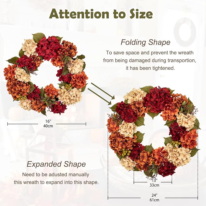 Fall Wreaths for Front Door, 24 inch Autumn Wreath with Hydrangeas Berries Large Fall Door Wreath Artificial Hydrangea Flowers Wreaths Autumn Decorations for Farmhouse Thanksgiving Harvest Door Wall