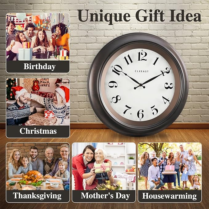 CLXEAST 18 Inch Large Illuminated Wall Clock with AI Smart Night Light Sensor,Modern Farmhouse Wall Clocks for Living Room,Bedroom,Bathroom, Kitchen, Home Office,Oil Rubbed Bronze Black