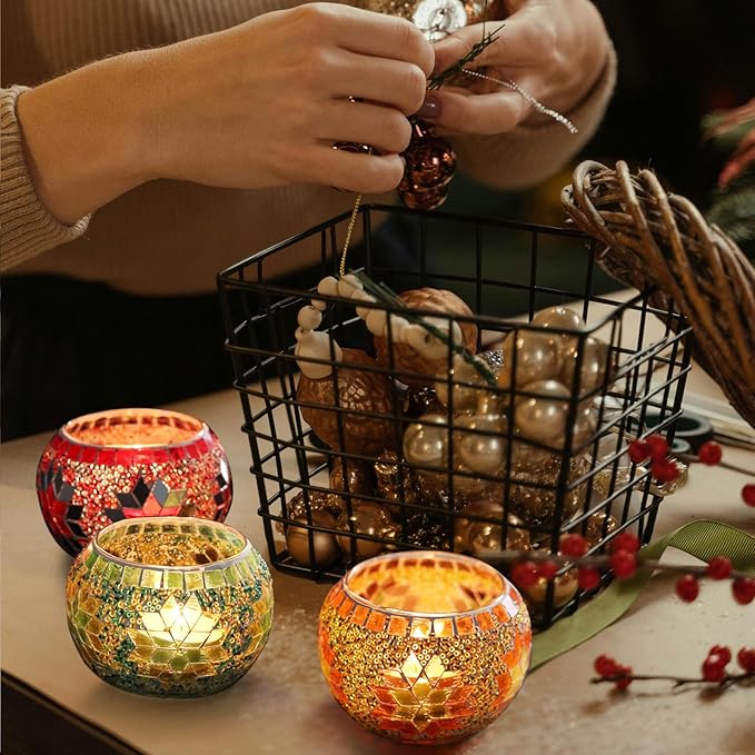 SHMILMH Votive Candle Holder Set of 4, Diwali Decoration for Home, Handmade Mosaic Glass Tealight Candle Holders for Table Centerpiece Decor,Diwali Thanksgiving