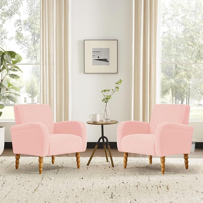 Chenille Fabric Accent Chair Set of 2, Upholstered Armchair with Solid Wood Legs, Modern Living Room Accent Chair, Comfy Single Sofa Chair Reading Club Chair for Bedroom Reception Lounge,Pink