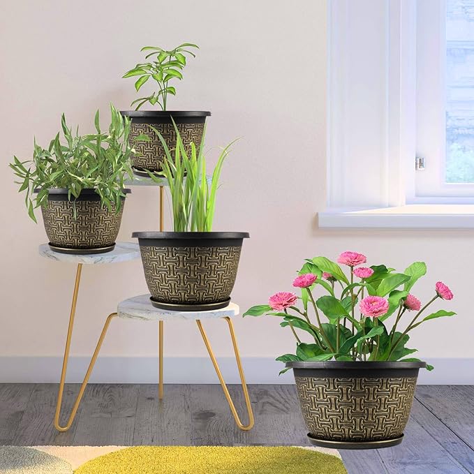 8 Inch Plant Pots, 4 Pack Flower Pot Outdoor with Drainage Holes & Trays, Retro Antique Imitation Decorative Garden Plastic Planters Pots for Plants Indoor Sets for Houseplants