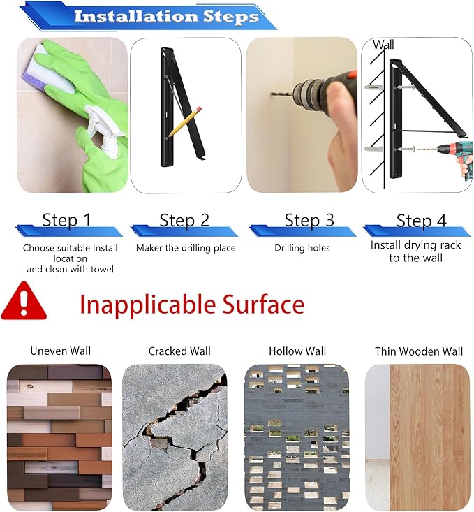 Dr.DJ Clothes Drying Rack, Wall-Mounted Retractable & Foldable Clothes Hanger for Laundry Room Organization and Storage, Metal Clothes Hanger Rack for Dorm, Closet, Balcony(1 Pack, Black)