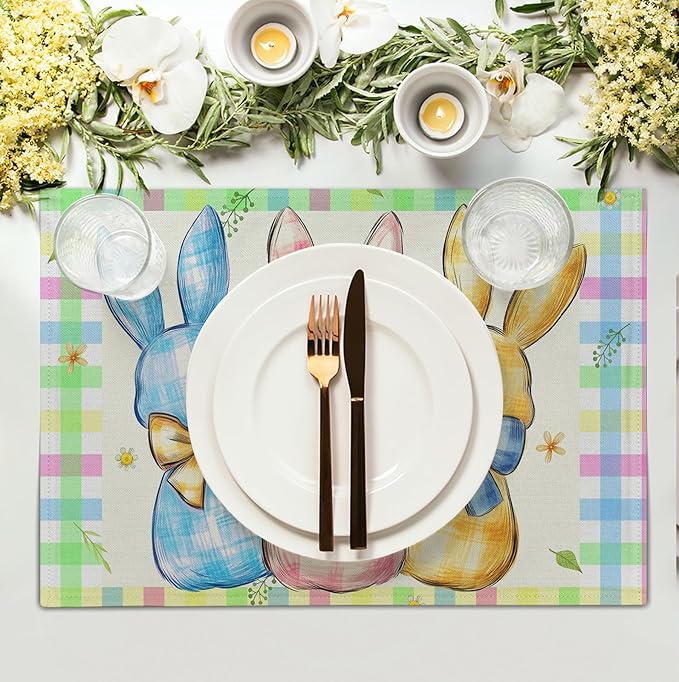 Easter Bunny Placemats Set of 4 Green Blue Pink Yellow Buffalo Plaid Rabbits Floral Bow Place Mats 12x18 Inch Happy Easter Table Mats for Spring Party Kitchen Dining Holiday Decor