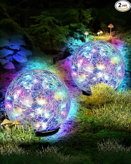 Garden Solar Ball Lights Outdoor Waterproof, 30 LED Cracked Glass Globe Solar Power Ground Lights for Path Yard Patio Lawn, Christmas Decoration Landscape Colorful (2 Pack 3.9'')