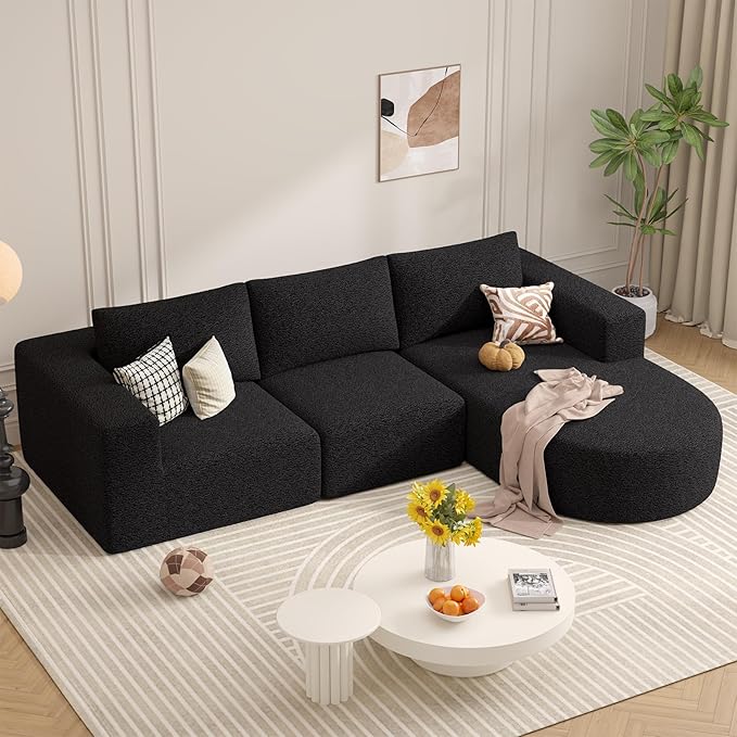 Modular Sectional Sofa with L-Shape Chaise,Cloud Sectional Modern Sleeper Couch with Deep Seat,Sponge Compression Sofas No Assembly Required(Black-Sherpa Fabric) 1PCS
