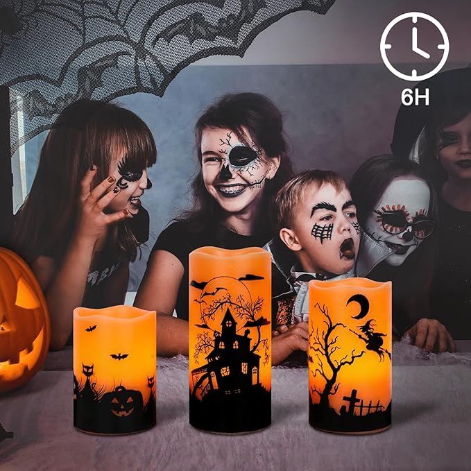 Wondise Halloween Rechargable Flickering Flameless Candles with 6H Timer, Battery Operated LED Real Wax Candles with Charging Base Set of 3 Halloween Home Decoration Gifts(3 x 4 5 6 Inch)