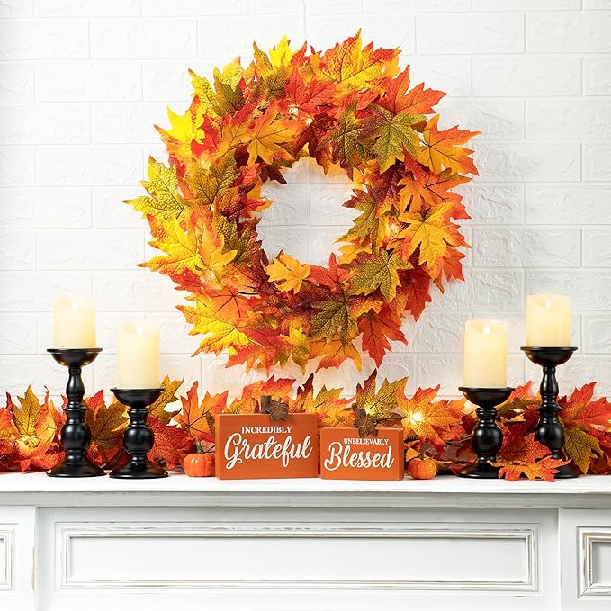 Glitzhome 24 Inch Pre-lit Fall Wreath, Autumn Wreath for Front Door, Lighted Maple Leaves Wreaths with Timer for Thanksgiving Halloween Christmas Wall Front Porch Home Decoration