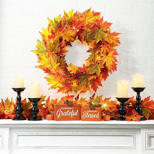 Glitzhome 24 Inch Pre-lit Fall Wreath, Autumn Wreath for Front Door, Lighted Maple Leaves Wreaths with Timer for Thanksgiving Halloween Christmas Wall Front Porch Home Decoration