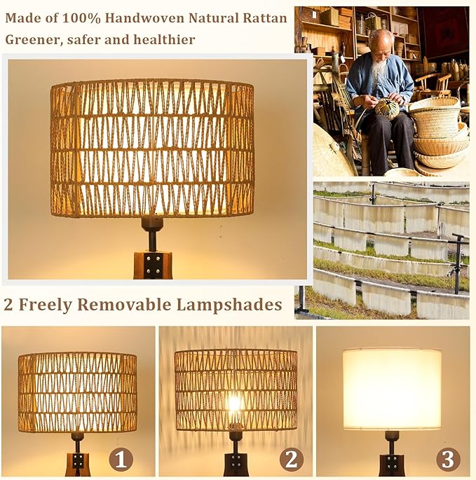 Boho Tripod Floor Lamps for Living Room, Rattan Wood Floor Lamp with Fabric Shades, Mid Century Standing Lamp with Shelf, Foot Switch, Modern Farmhouse Tall Lamps for Bedroom Office Brown