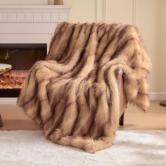 Fluffy Faux Fur Throw Blanket – Super Soft Warm Thick Plush Blanket for Bed, Couch & Office, Cozy Fuzzy Throw with Flannel Backing,50"x60", Brown