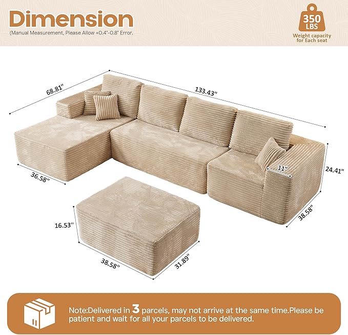 Cloud Sectional Couches for Living Room,U Shaped Modular Sofas No Assembly,133x68 Inches Plush Corduroy Oversized Floor Couch Set with Deep Seat Chaise,Beige
