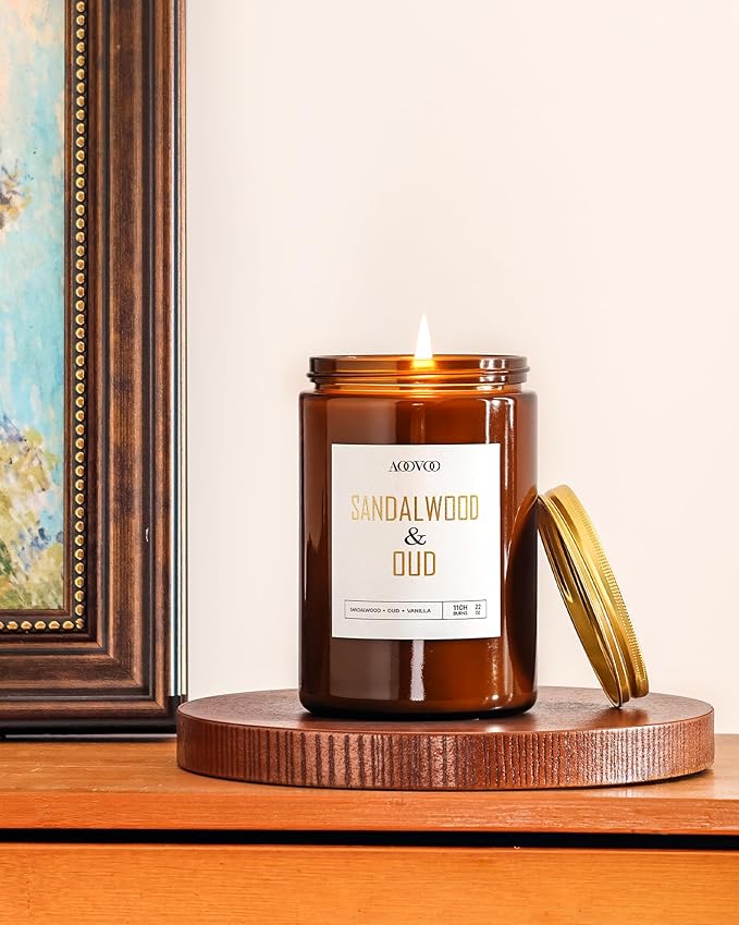 AOOVOO Sandalwood Oud Candle - Large Scented Candles 22oz, Soy Candles, Aromatherapy Candle, Soy Wax Candle