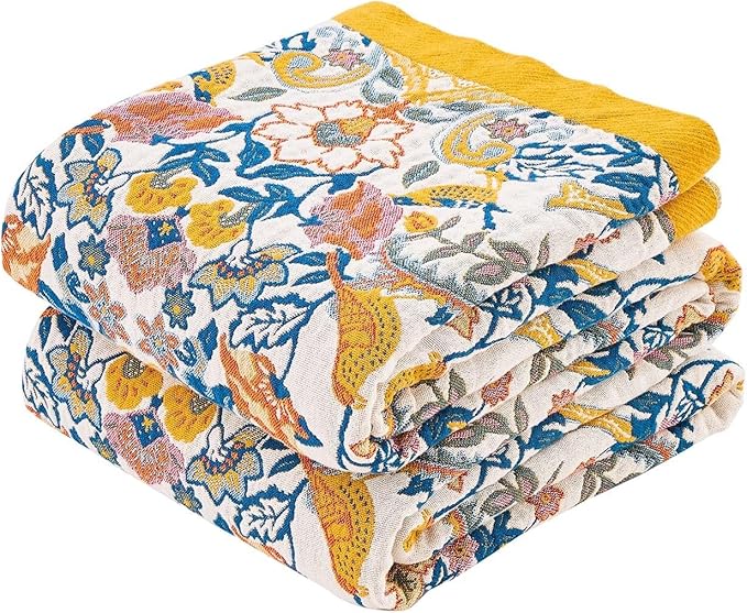 Boho Blanket Throw Quilt, 100% Cotton Soft Light Weight Throw Blankets for Summer, 80"x90" Farmhouse Flower Decorative Blankets, All Season Rustic Reversible Bohemian Throw Quilt