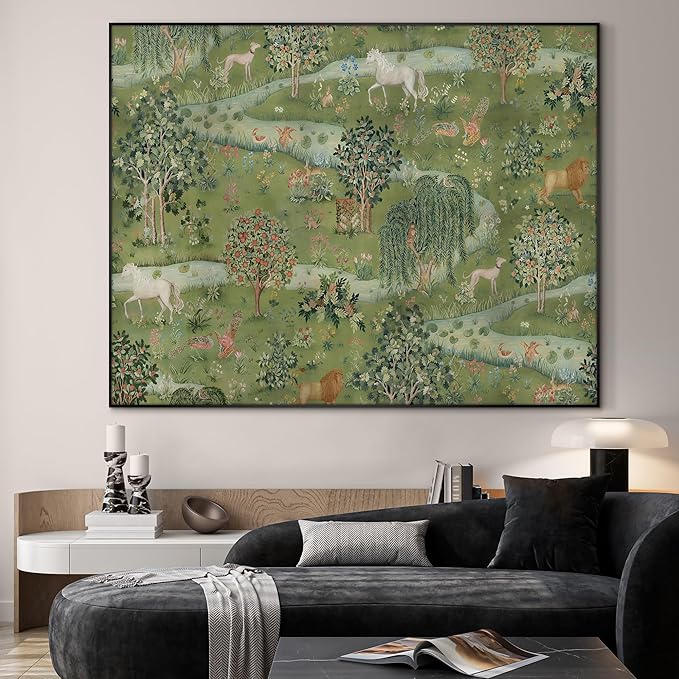SIGNWIN 36"x46" Extra Large Framed Wall Art Medieval Fantasy Forest with Woodland Animals, Storybook-Inspired Scene for Home Living Room Bedroom Decor (Frame Assembly Required)