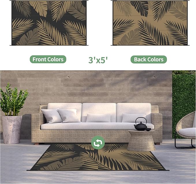 GENIMO Outdoor Rug 3' x 5' Waterproof for Patios Clearance, Reversible Outdoor Plastic Straw Camping Rug Carpet, Large Area Rugs Mats for RV, Camper, Deck, Balcony, Porch, Beach, Picnic, Black&Brown