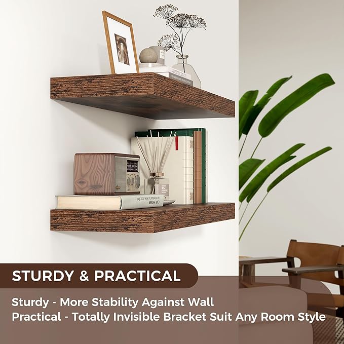Floating Shelves - 2 Large Wall Mounted Shelves with Invisible Brackets, Long Wood Floating Wall Shelf for Living Room, Bedroom, Kitchen, (Brown, 24" W x 9" D x 1.5" H)
