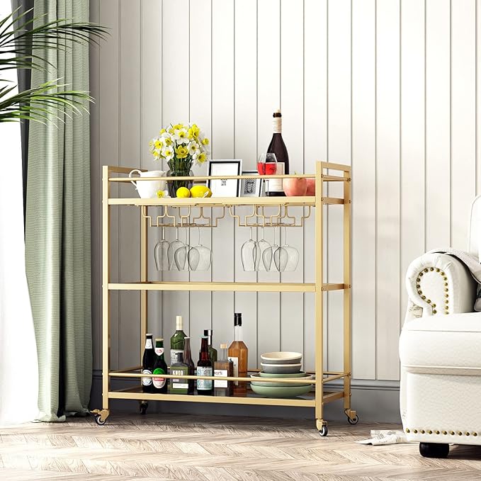 Glass Gold Bar Carts for Home with Hanging Wine Rack - Home Bar Serving Cart with 3 Mirrored Shelves, Kitchen Bar Carts, Wine Cart for Entertaining, Club Party.