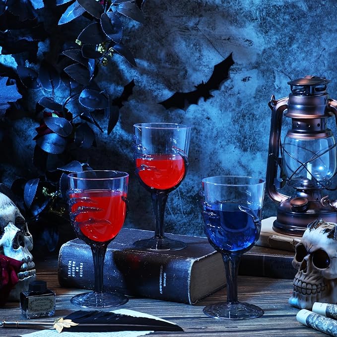 Dandat 6 Pcs Halloween Skeleton Hand Goblets 12oz Clear Plastic Halloween Cups Skull Wine Glass Set for Creepy Spooky Party Decorations (Black)